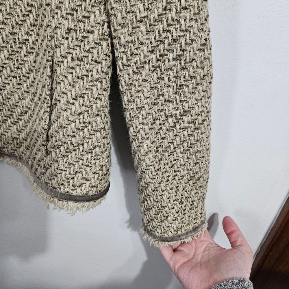 JONES NEW YORK SIGNATURE Olive/Cream Wool Blend Tweed Fringe Jacket. Sz 8 Petite - Picture 4 of 7